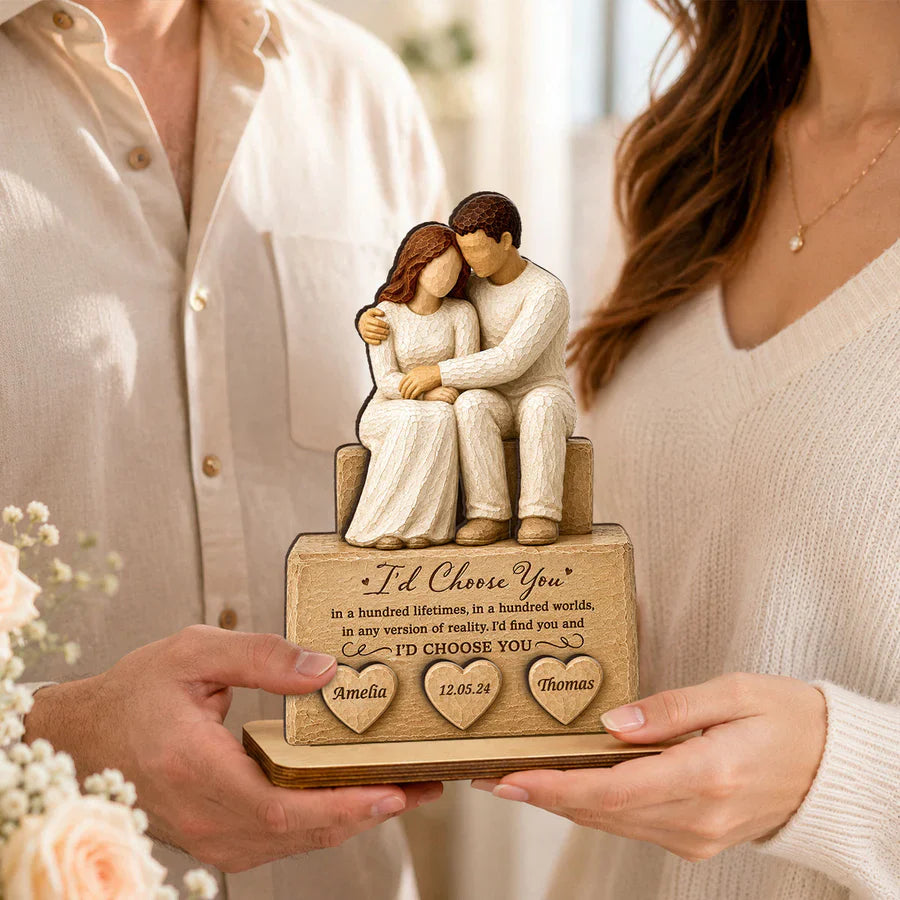 Personalized 2-Layer Wooden Plaque with Embracing Couple, I'd Choose You Quote, Unique Anniversary Gift