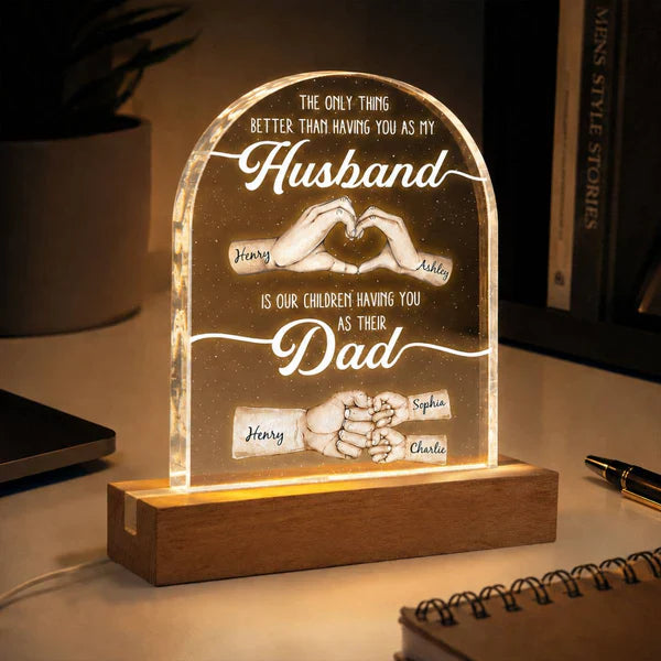 Personalized Block LED Light Plaque with Hand Heart Art, Unique Bedside Gift for Husband & Dad