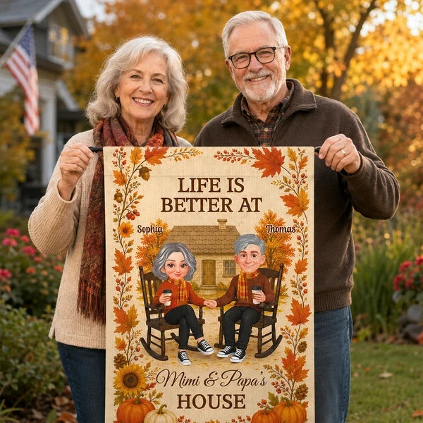 Personalized Garden Flag, Warm Autumn Family Welcome with Grandparents Holding Hands, Creative Gift for Family