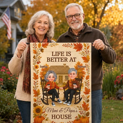 Personalized Garden Flag, Warm Autumn Family Welcome with Grandparents Holding Hands, Creative Gift for Family
