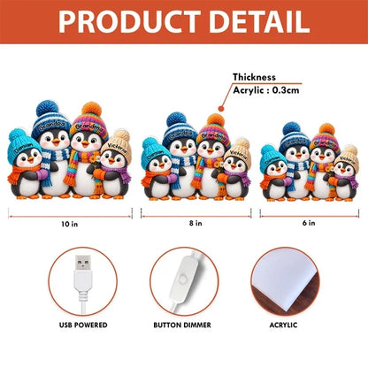 Personalized Acrylic Light Box, Cute Penguin Family in a Cozy Christmas Room, Unique Gift for Grandparents