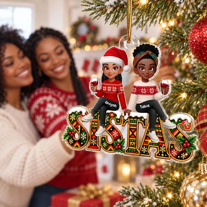Personalized Acrylic Ornament, Sistas Holding Hands in Festive Sweaters, Unique Christmas Gift for Sisters