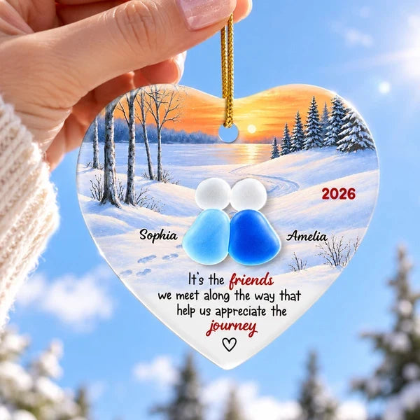 Personalized Heart Ornament, Friends Sitting Together at a Winter Sunset, Unique Christmas Gift for a Close Friend