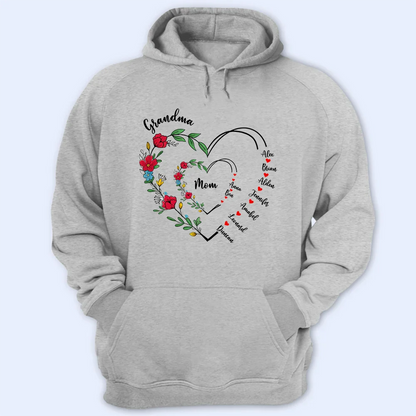 Custom Grandma and Mom Heart Shirt – Personalized Classic Tee, Hoodie, and Sweatshirt with Family Names, Perfect Girft for Mother and Grandma
