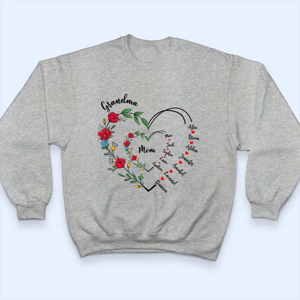 Custom Grandma and Mom Heart Shirt – Personalized Classic Tee, Hoodie, and Sweatshirt with Family Names, Perfect Girft for Mother and Grandma