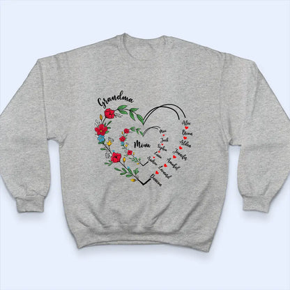 Custom Grandma and Mom Heart Shirt – Personalized Classic Tee, Hoodie, and Sweatshirt with Family Names, Perfect Girft for Mother and Grandma