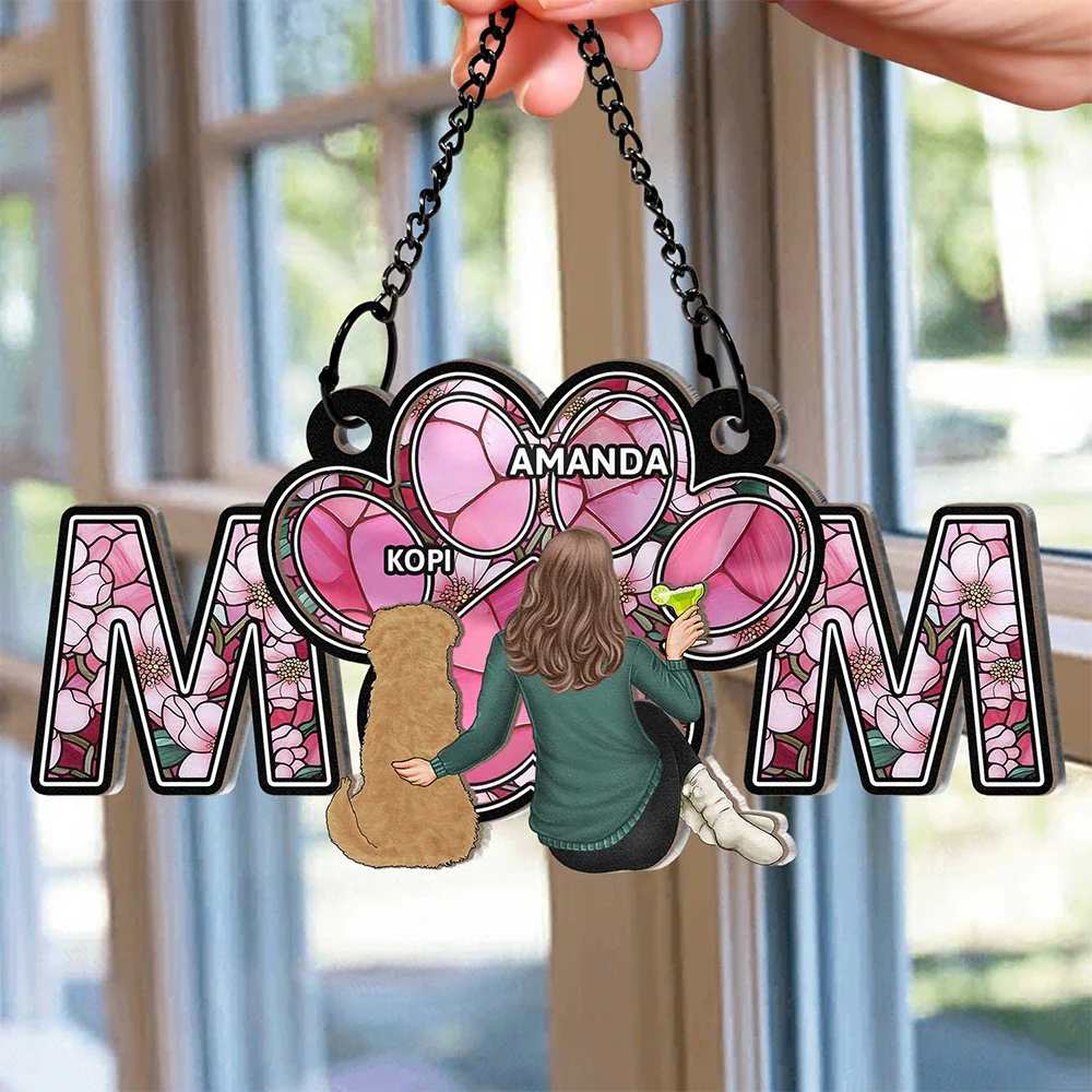 Dog Lovers, Dog Mom, Pet Lovers - Dog Mom With Heart - Personalized Window Hanging Suncatcher Ornament