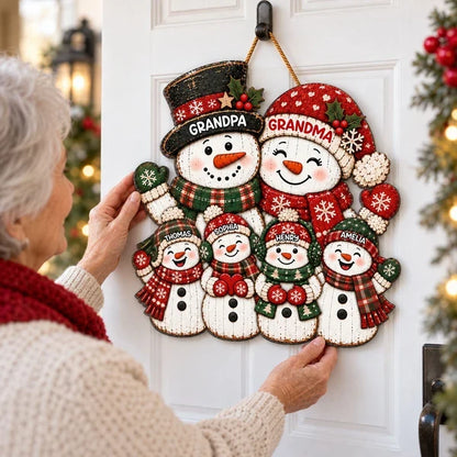 Personalized Wooden Sign, Festive Snowman Family Door Decor, Unique Christmas Gift for Grandparents