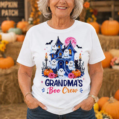 Personalized Classic Tee for Grandma, Watercolor Haunted House Boo Crew, Unique Halloween Gift