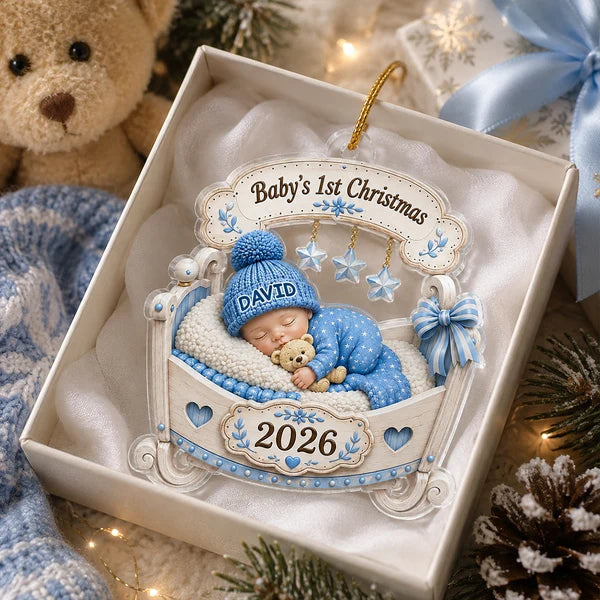 Baby's 1st Christmas Acrylic Ornament, Pink Sleeping Baby in Cradle, Heartwarming Creative Gift for Family