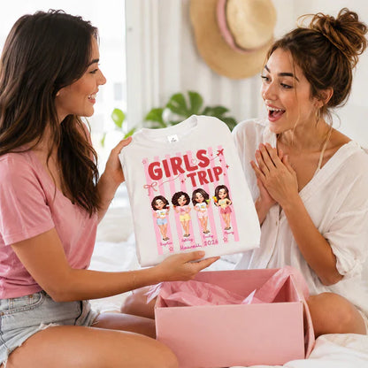 Classic Tee, Personalized Girls Trip Cartoon Friends with Drinks, Pink Stripe Vacation, Unique Creative Gift