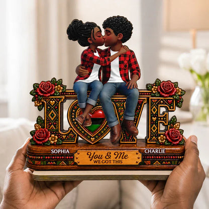 Personalized 2-Layer Wooden Plaque With Kissing Couple & Roses, Unique Gift for Couple