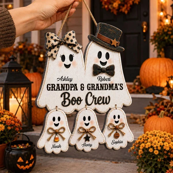 Personalized Wooden Sign with Cute Ghost Family, Rustic Halloween Door Decor, Unique Gift for Grandparents