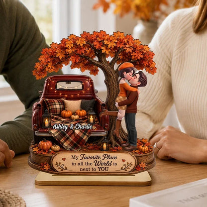 Personalized 2-Layer Wooden Plaque, Kissing Couple by Vintage Truck in Autumn, Unique Gift for Partner