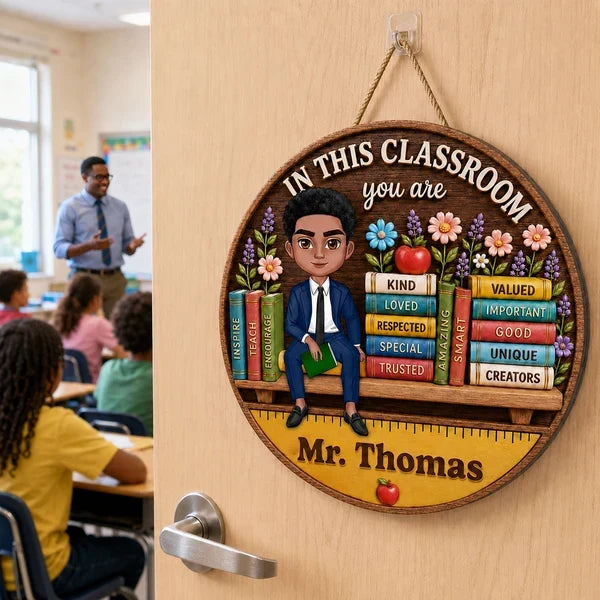 Personalized Wooden Sign with Seated Male Teacher, Classroom Door Decor, Unique Creative Gift