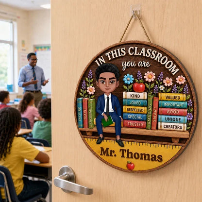 Personalized Wooden Sign with Seated Male Teacher, Classroom Door Decor, Unique Creative Gift