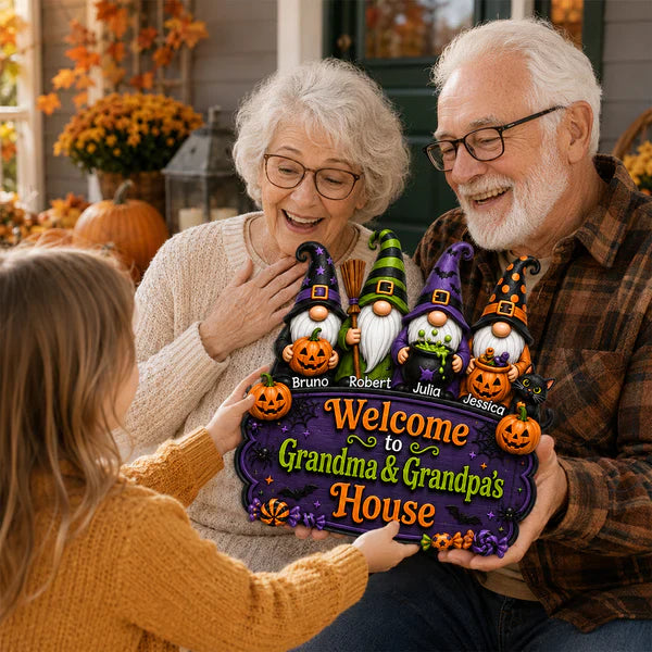 Personalized Wooden Sign With Halloween Gnomes & Pumpkins, Custom Door Decor, Unique Gift for Grandparents