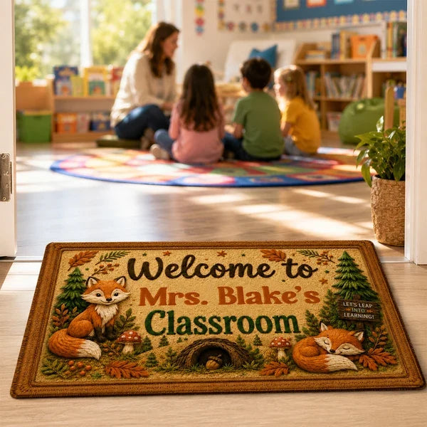 Personalized Standard Doormat With Woodland Foxes For Teacher Classroom, Unique Creative Gift