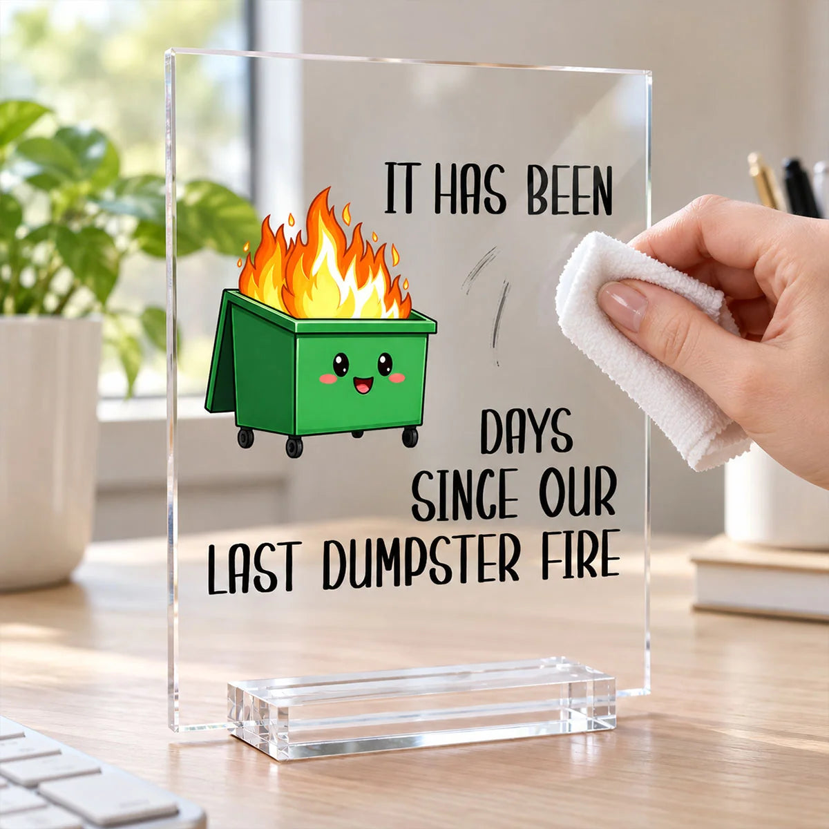 Personalized Acrylic Plaque, Green Cartoon Dumpster Fire Desk Decor, Unique Gift for Coworkers