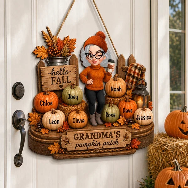 Personalized Wooden Sign, Grandma Holding Coffee on an Autumn Porch, Unique Fall Gift for Grandma