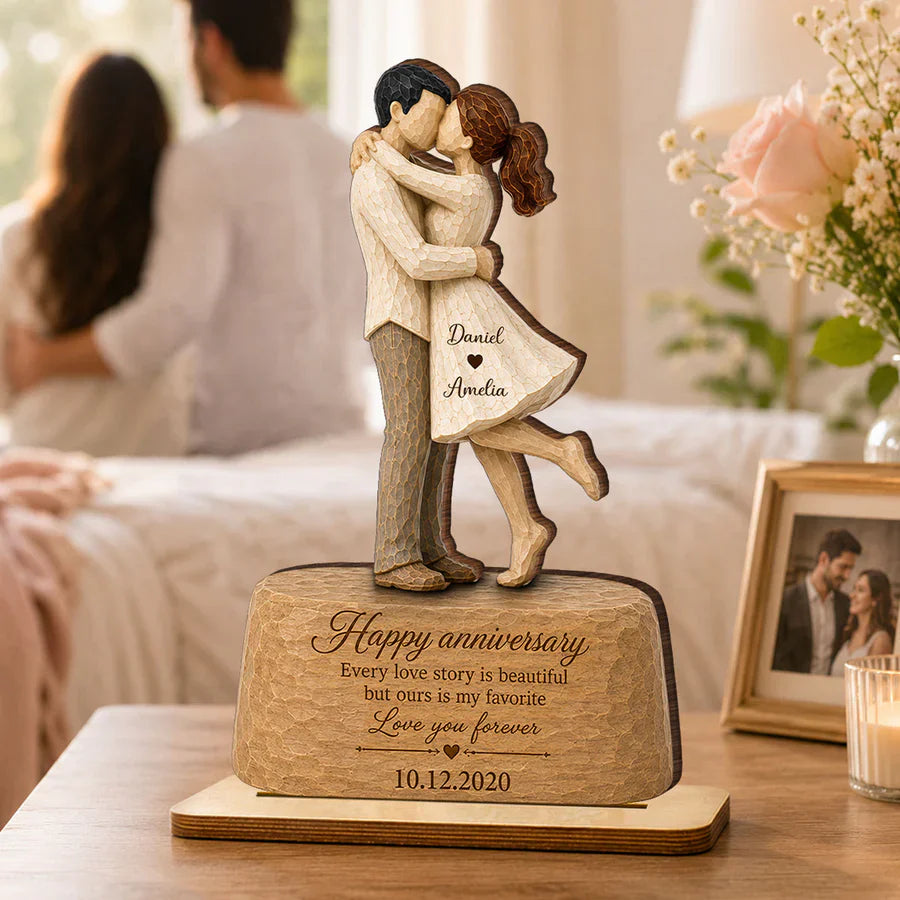 Personalized Wooden Plaque, Kissing Couple Anniversary Keepsake, Unique Gift for Her & Him