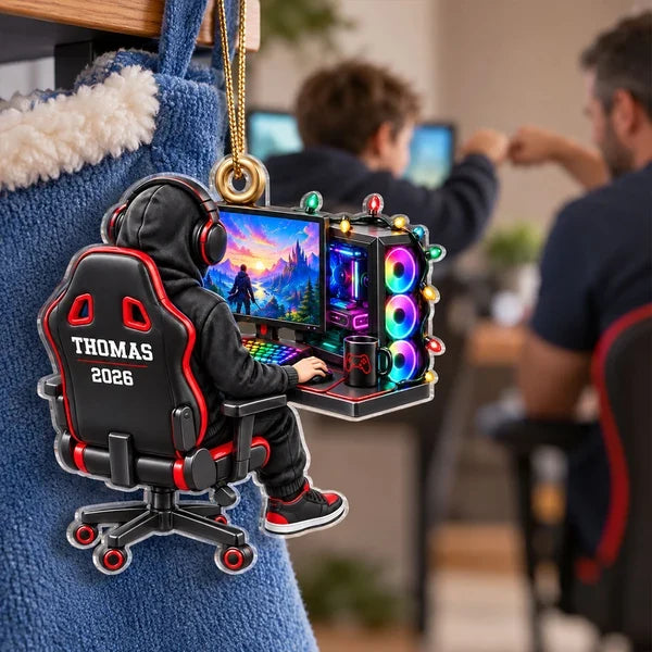 Personalized Acrylic Ornament, Seated Gamer at RGB Setup, Unique Creative Christmas Gift for Gamers