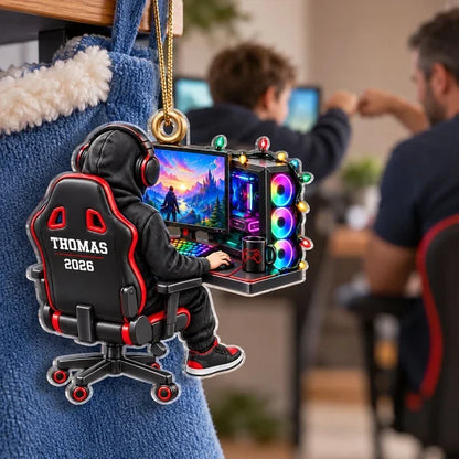 Personalized Acrylic Ornament, Seated Gamer at RGB Setup, Unique Creative Christmas Gift for Gamers