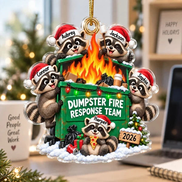 Personalized Acrylic Ornament, Funny Raccoons Around a Dumpster Fire, Snowy Christmas Decor, Unique Coworker Gift