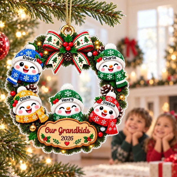 Personalized Acrylic Ornament with Cute Snowman Grandkids Wreath, Unique Christmas Gift for Grandparents