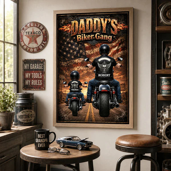 Daddy's Biker Gang Personalized Poster, Dad & Child Riding Motorcycles, Unique Father's Day Gift for Dad