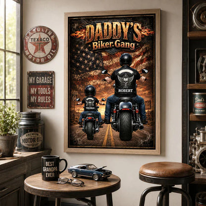 Daddy's Biker Gang Personalized Poster, Dad & Child Riding Motorcycles, Unique Father's Day Gift for Dad