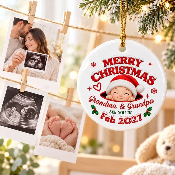 Personalized Ceramic Ornament, Merry Christmas Baby Announcement, Creative Gift for Expecting Grandparents