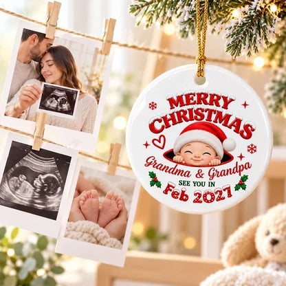 Personalized Ceramic Ornament, Merry Christmas Baby Announcement, Creative Gift for Expecting Grandparents