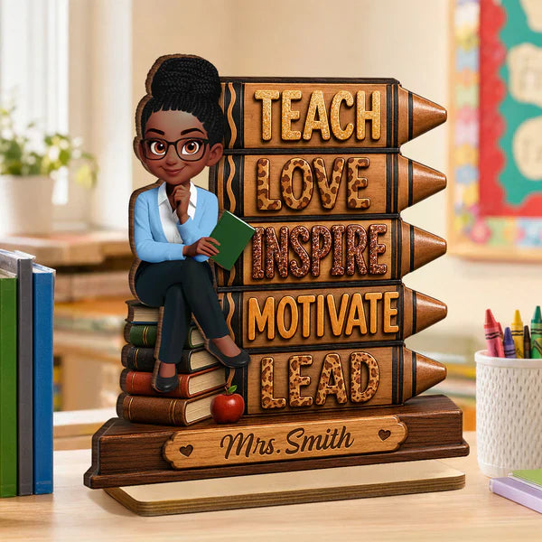 Personalized 2-Layer Wooden Plaque for Teacher, Teach Love Inspire Motivate Lead, Unique Classroom Gift