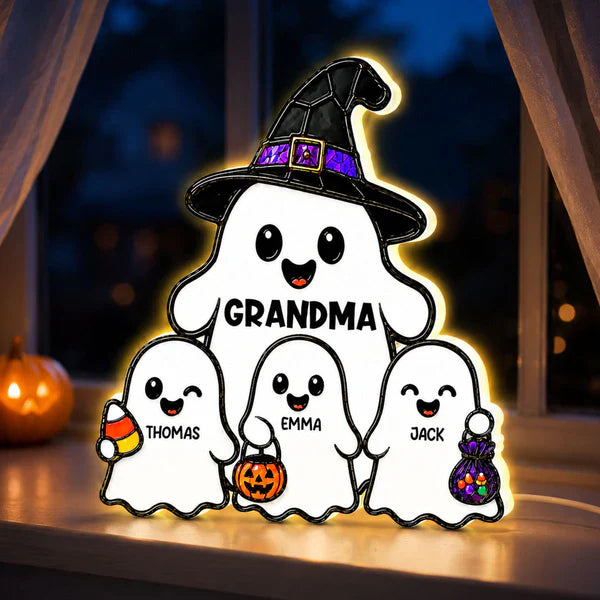 Personalized Acrylic Light Box, Cute Ghost Grandma Halloween Decor, Unique Gift With Warm Glow