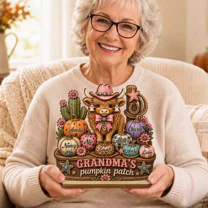 Personalized 2-Layer Wooden Plaque, Grandma's Pumpkin Patch, Western Highland Cow, Unique Creative Gift