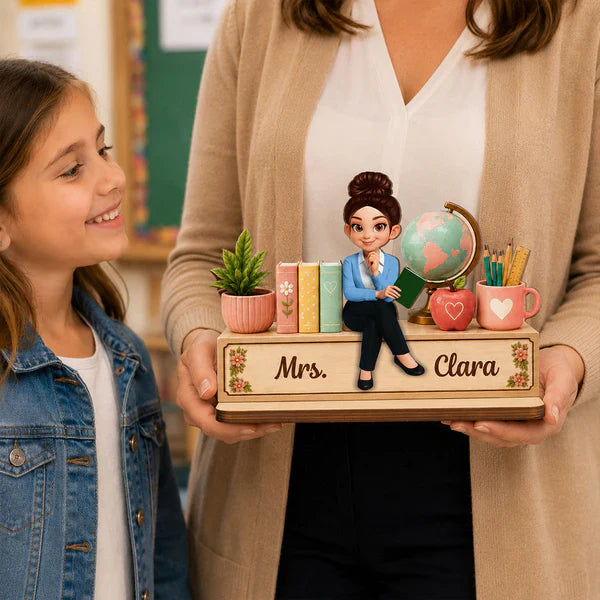 Personalized Wooden Plaque with Sitting Teacher, Books & Globe, Unique Gift for Teacher Desk Display