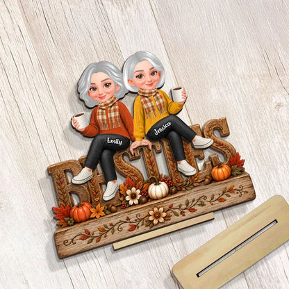 Besties Forever Personalized 2-Layer Wooden Plaque, Autumn Friendship Keepsake, Creative Gift for a Best Friend