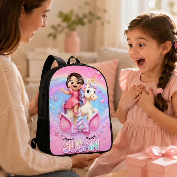 Personalized Kids School Backpack, Girl Riding Unicorn Design, Unique Creative Gift for Girls