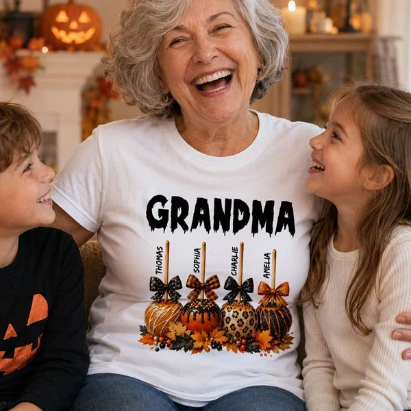 Personalized Grandma Classic Tee, Halloween Caramel Apple Design, Unique Gift for Grandma