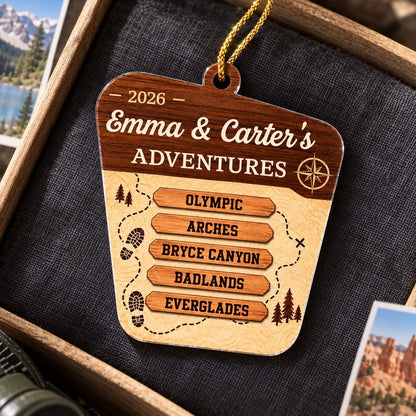 Personalized Acrylic Ornament with Park Map Trail, Compass & Pines, Unique Travel Gift for Couples