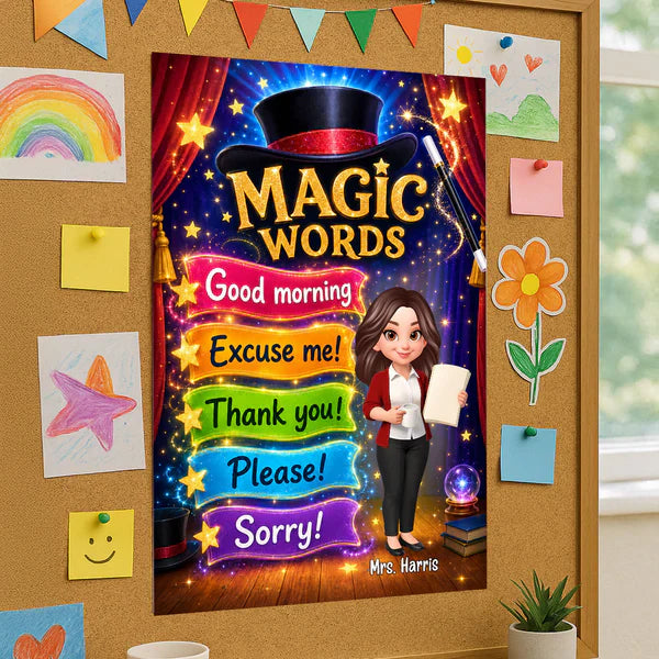 Personalized Magic Words Canvas, Standing Cartoon Teacher, Unique Gift for Classroom Decor