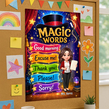 Personalized Magic Words Canvas, Standing Cartoon Teacher, Unique Gift for Classroom Decor