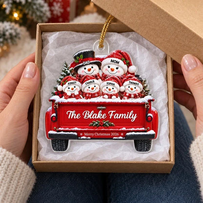 Personalized Acrylic Ornament, Snowman Family Riding in a Snowy Red Truck, Unique Christmas Gift for Family