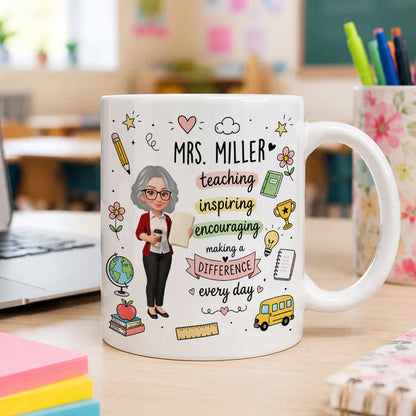 Personalized Ceramic Mug for Teacher, Cute Teacher Illustration & School Icons, Unique Back-to-School Gift
