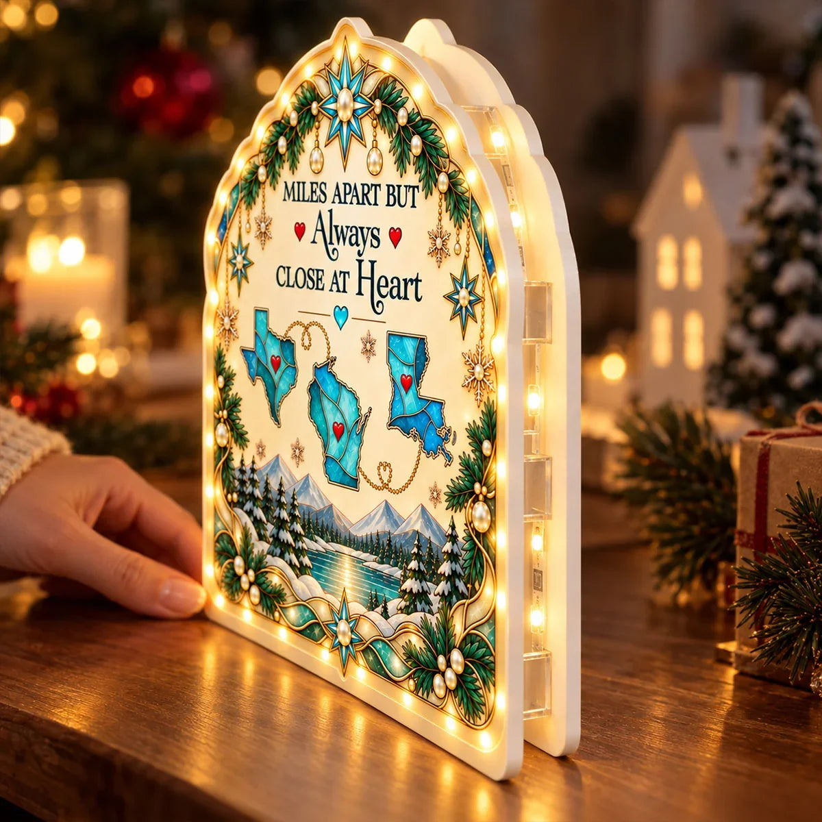Personalized Acrylic Light Box with State Maps and Winter Scene, Unique Christmas Gift for Long-Distance Family