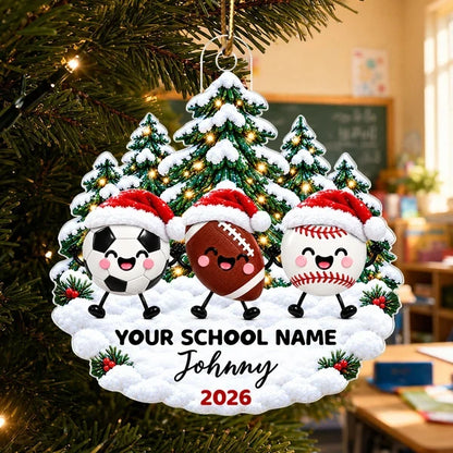 Personalized Acrylic Ornament, Cute Sports Balls in Santa Hats, Christmas Tree Decor, Unique Gift for Kids