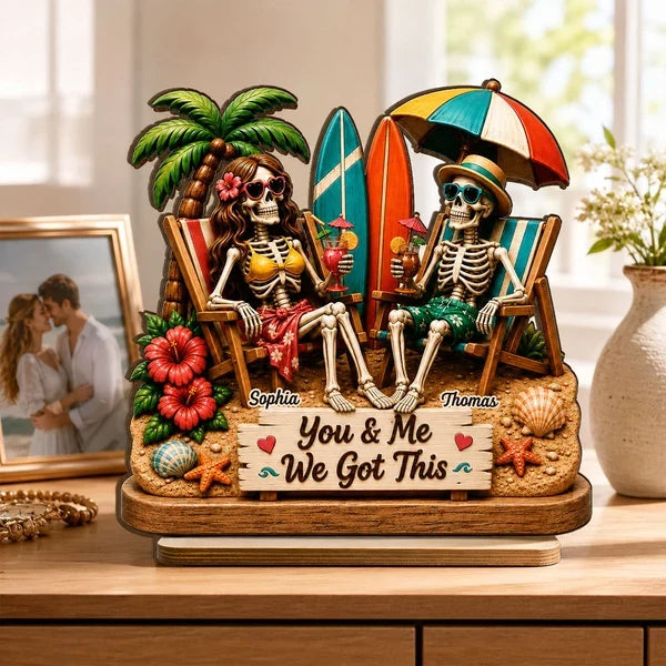 Personalized 2-Layer Wooden Plaque, Skeleton Couple Beach Scene, Unique Gift for Couples