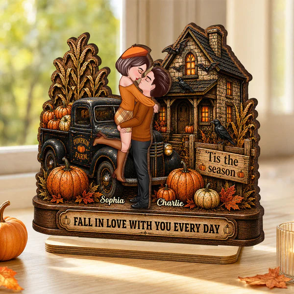 Personalized 2-Layer Wooden Plaque, Fall Couple Hugging at Haunted House, Unique Gift for Couple