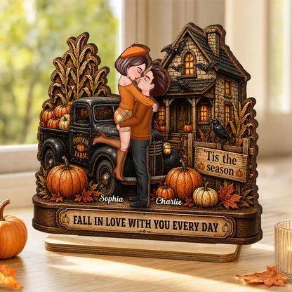Personalized 2-Layer Wooden Plaque, Fall Couple Hugging at Haunted House, Unique Gift for Couple